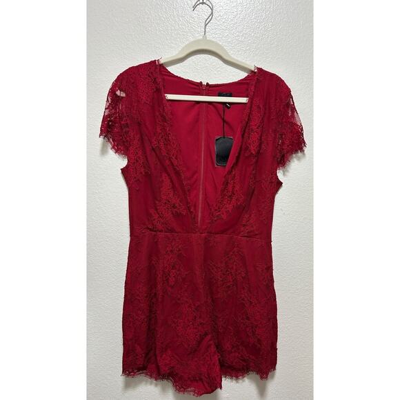 NBD Women's Red Lace Deep V Neck Shorts Party Romper Size L - Picture 1 of 8